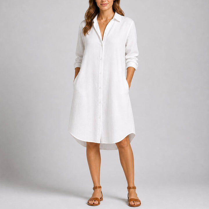 Charlotte white midi shirt dress, front view