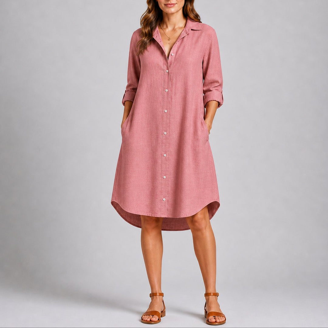 Charlotte dusty pink patterned midi shirt dress, front view