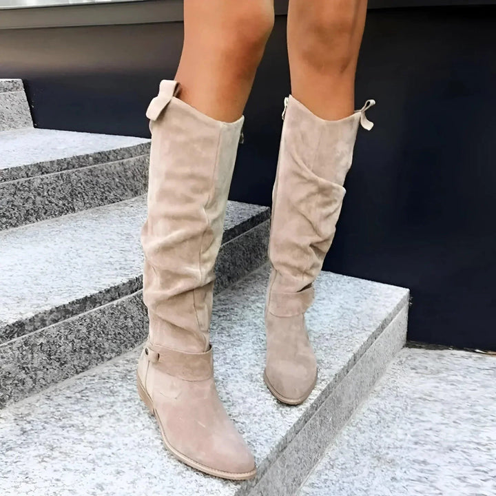 Clementine slouch boots styled with dress, front view