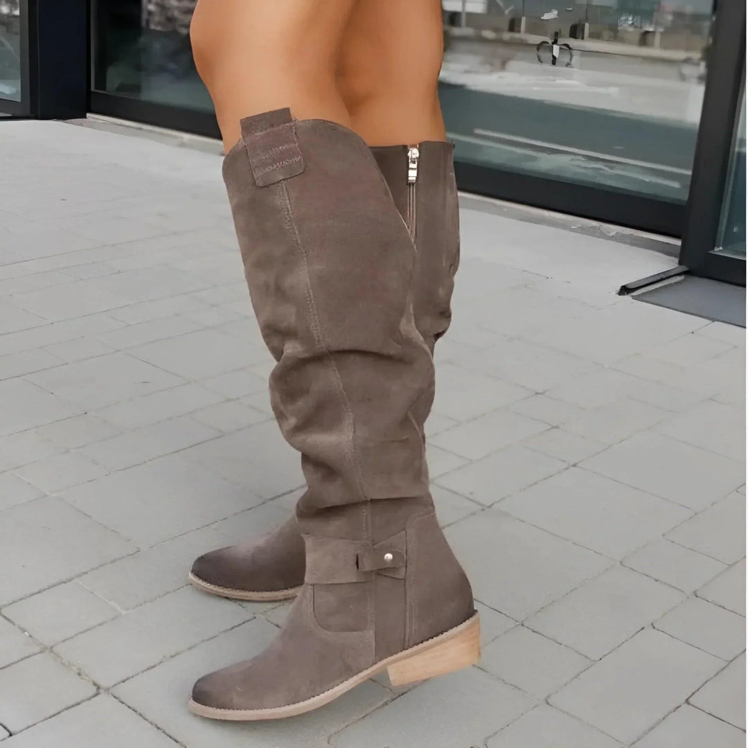 Clementine knee high boots, back view with pull tab