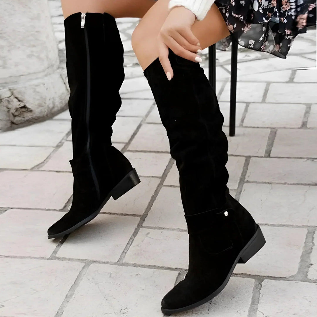 Clementine knee high boots in black, front view seated