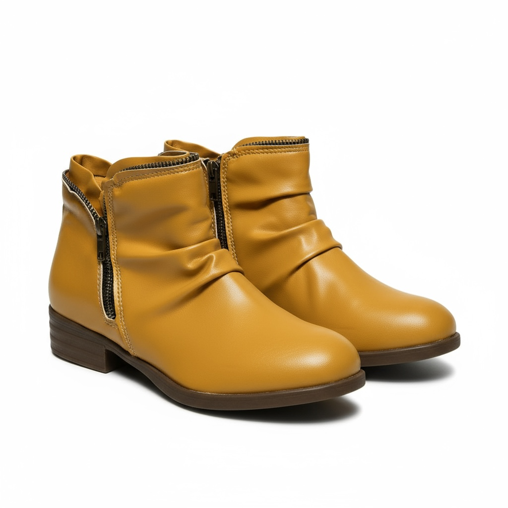 Clementine ankle boots in yellow, front angled pair view