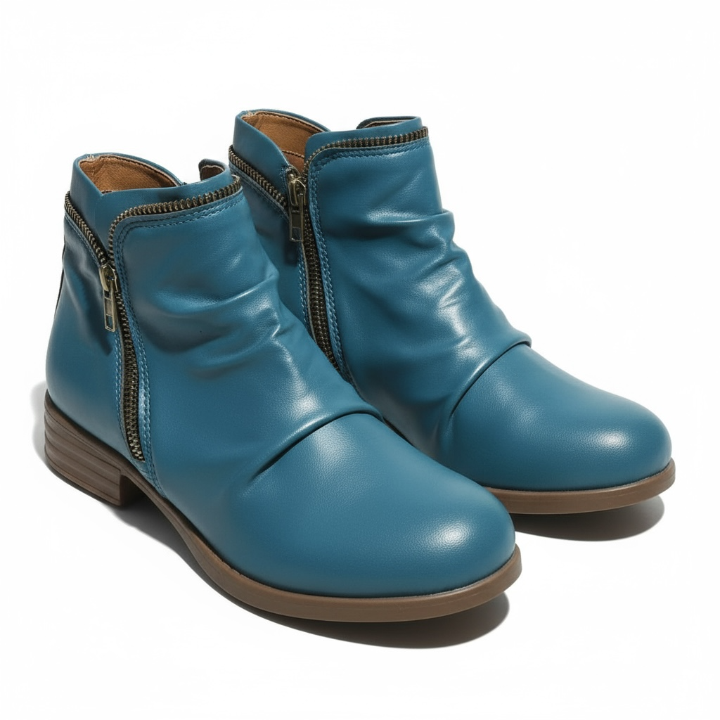 Clementine ankle boots in teal, front angled pair view