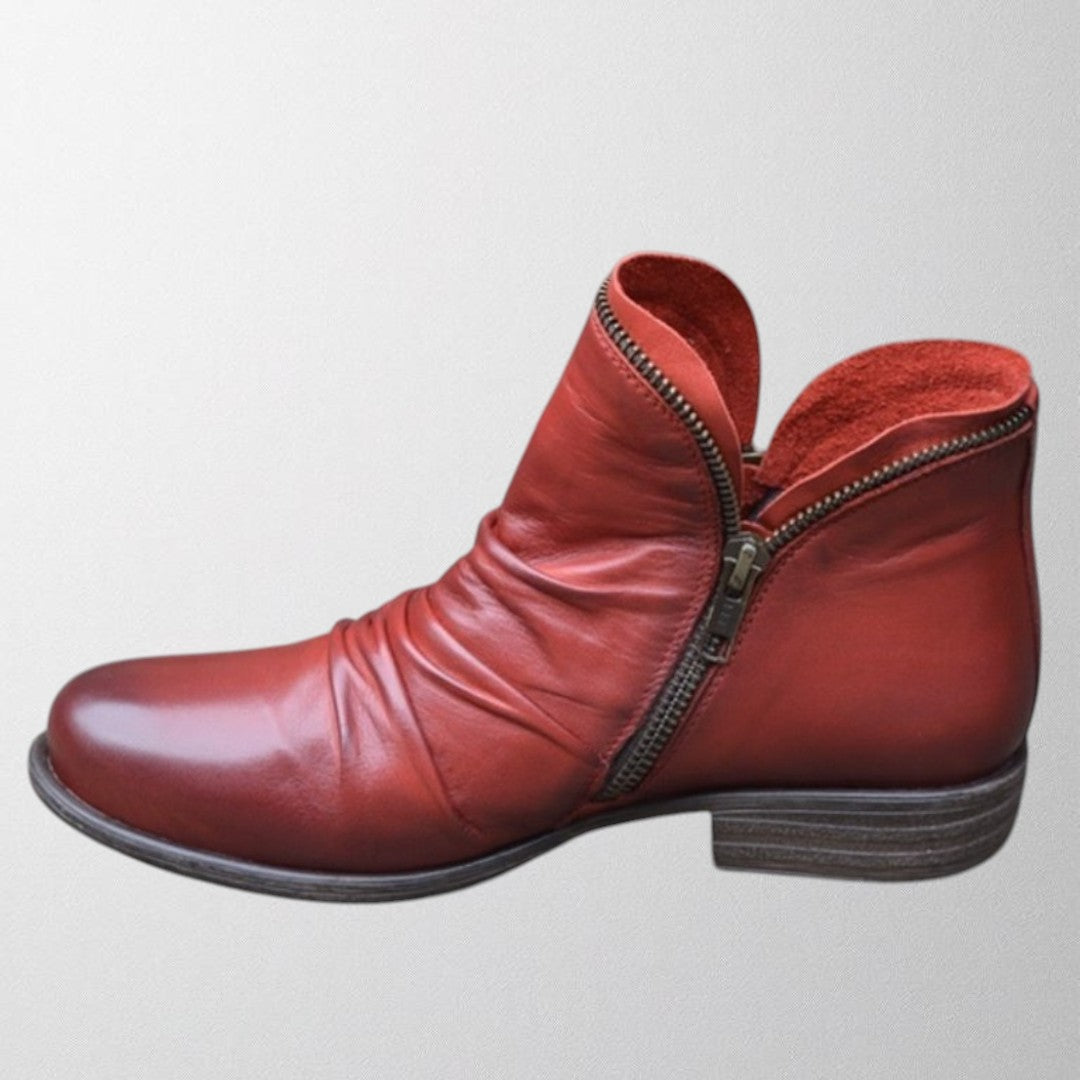 Clementine slouch ankle boot in red with side zip detail, side view