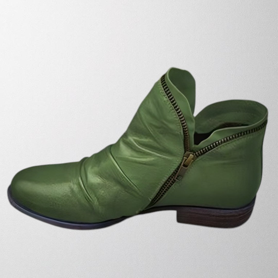 Clementine slouch ankle boot in green with side zip detail, side view
