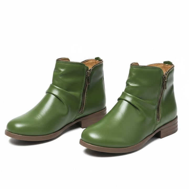 Clementine ankle boots in green, front angled pair view
