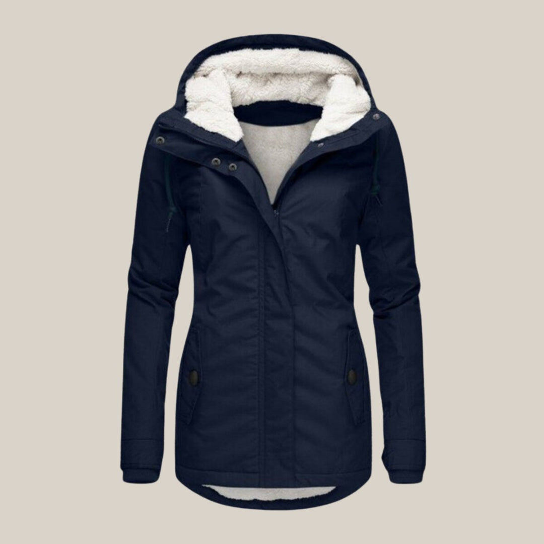 Delphine navy sherpa-lined hooded quilted jacket, front view