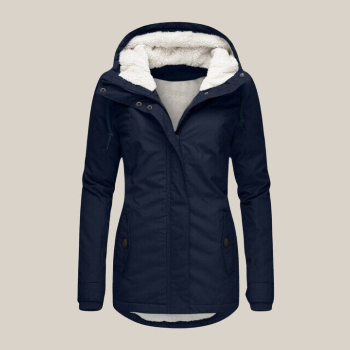 Delphine navy sherpa-lined hooded quilted jacket, front view