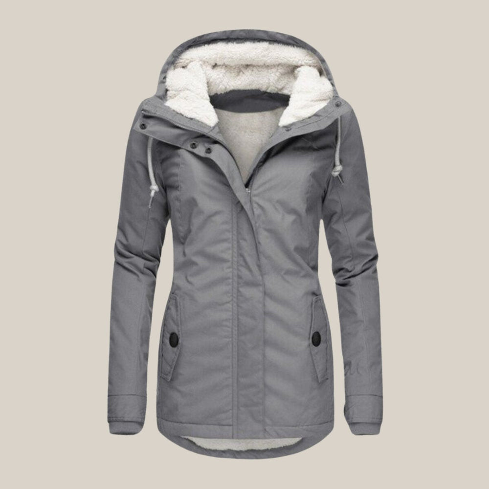 Delphine grey sherpa-lined hooded quilted jacket, front view