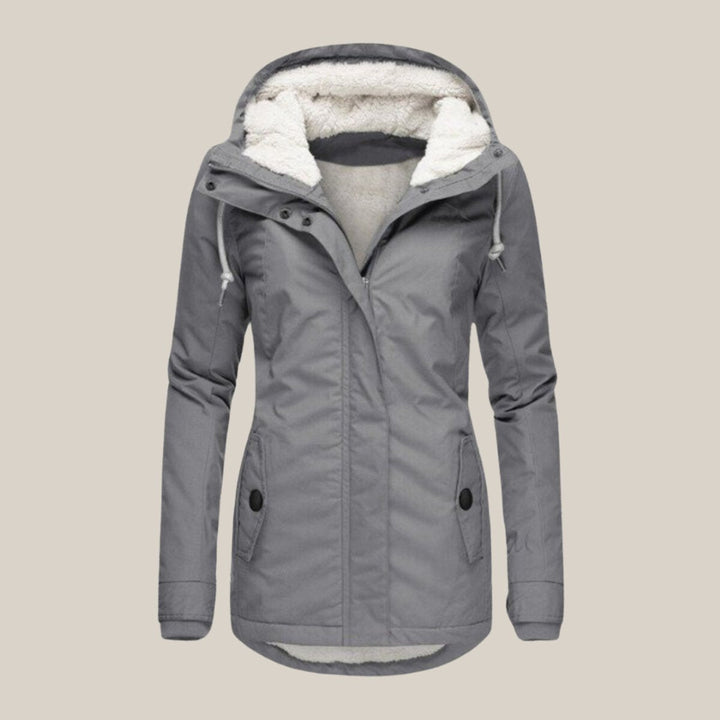 Delphine grey sherpa-lined hooded quilted jacket, front view