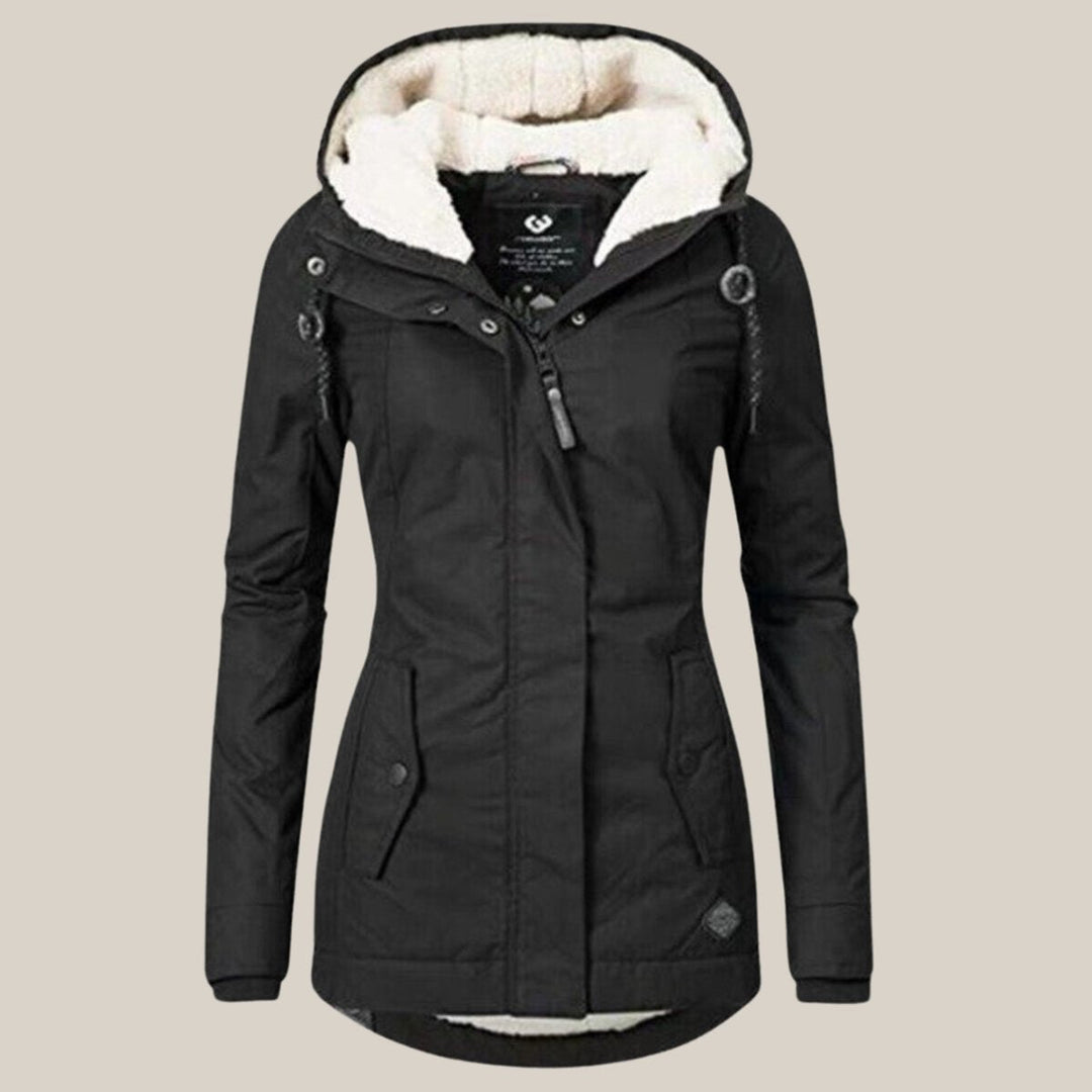 Delphine black sherpa-lined hooded quilted jacket, front view