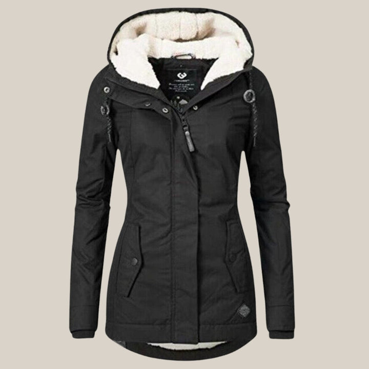 Delphine black sherpa-lined hooded quilted jacket, front view