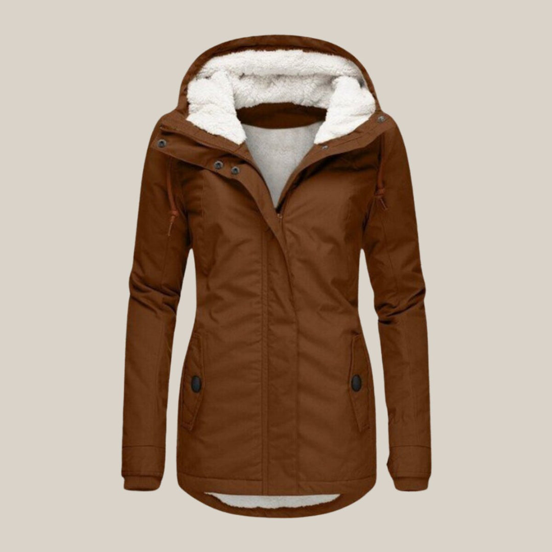 Delphine brown sherpa-lined hooded quilted jacket, front view