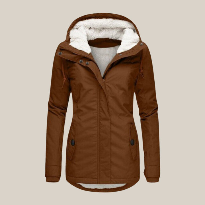 Delphine brown sherpa-lined hooded quilted jacket, front view