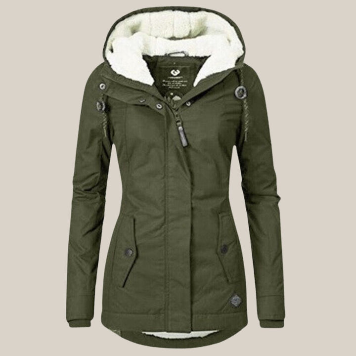 Delphine green sherpa-lined hooded quilted jacket, front view
