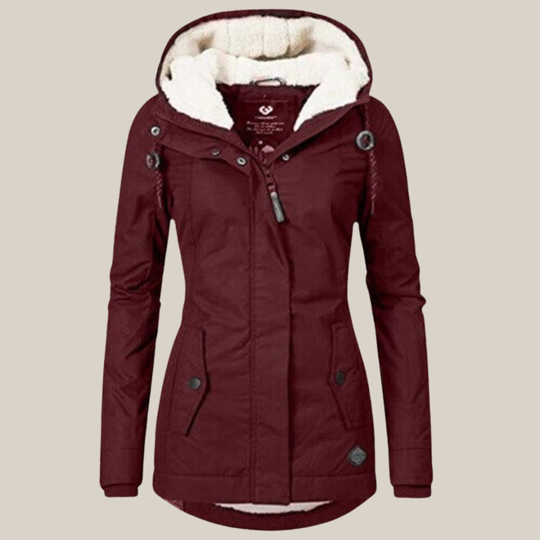 Delphine burgundy sherpa-lined hooded quilted jacket, front view