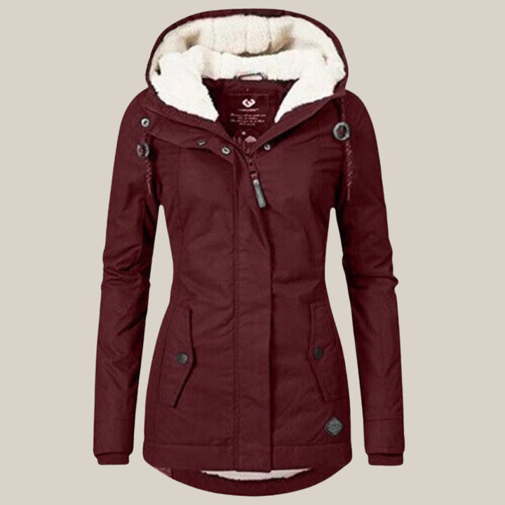 Delphine burgundy sherpa-lined hooded quilted jacket, front view