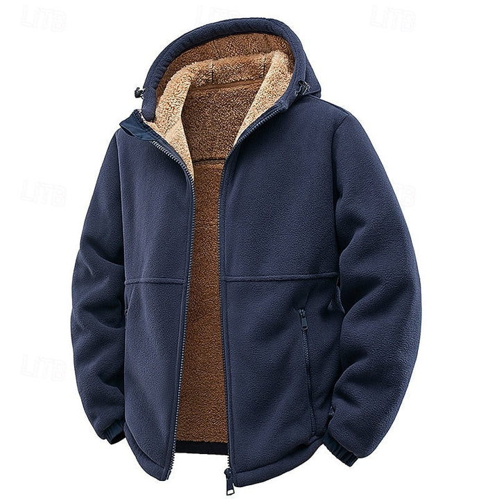 Desmond hooded full-zip fleece jacket in navy blue, front view