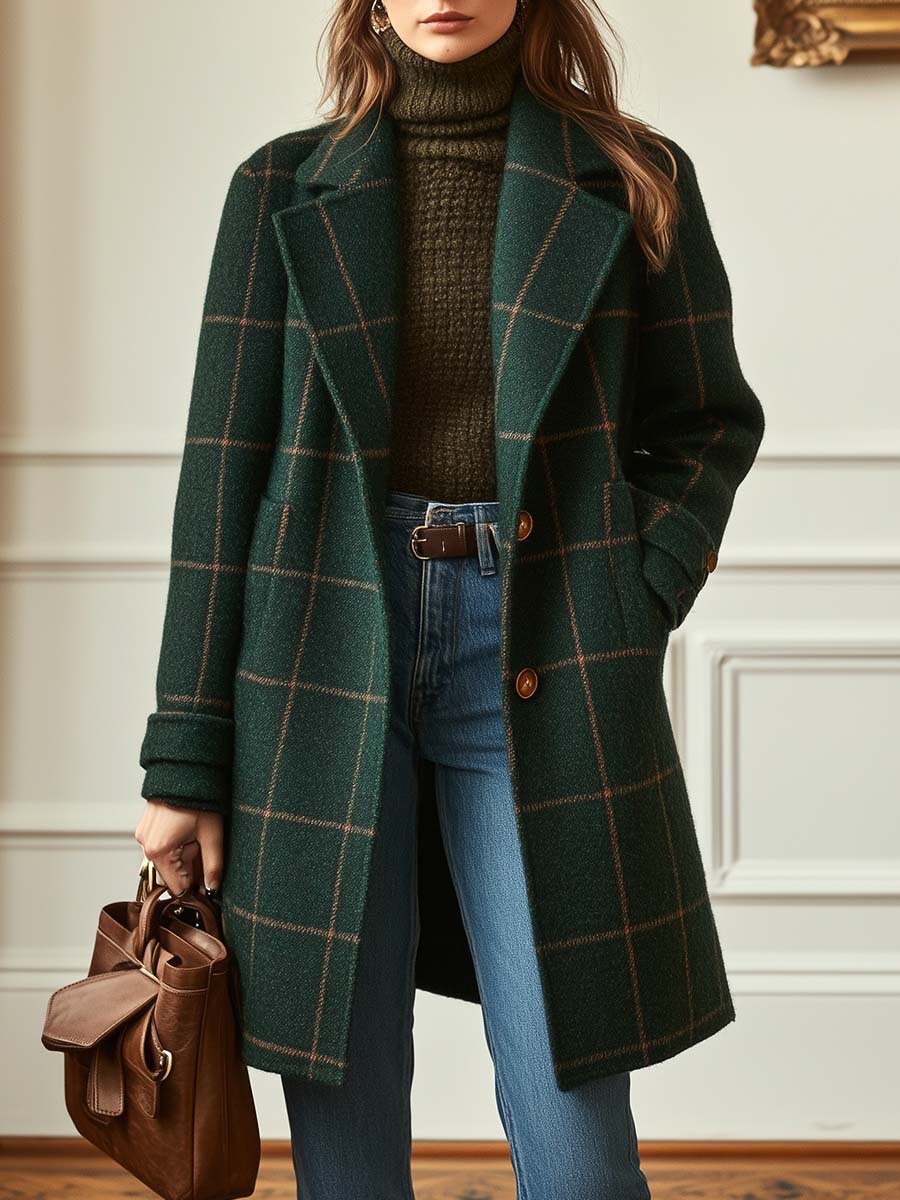 Eleanor checked lapel collar longline coat, front view with hands in pockets