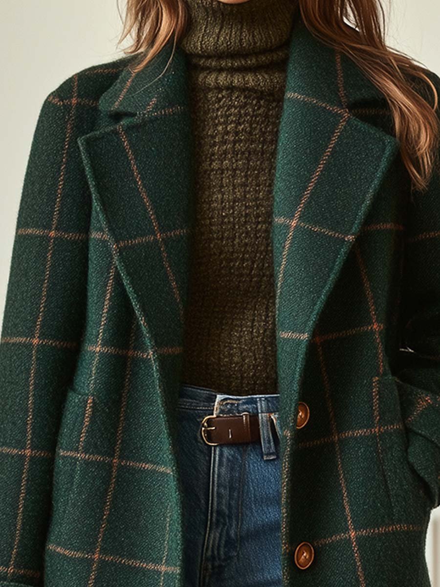 Close-up of Eleanor coat's windowpane check pattern and lapel collar