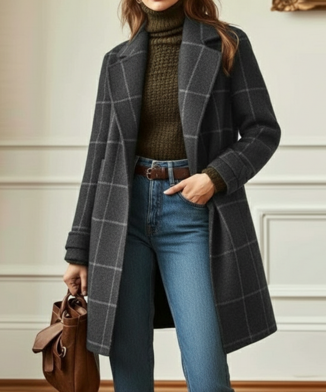 Eleanor checked lapel collar coat in grey, front view