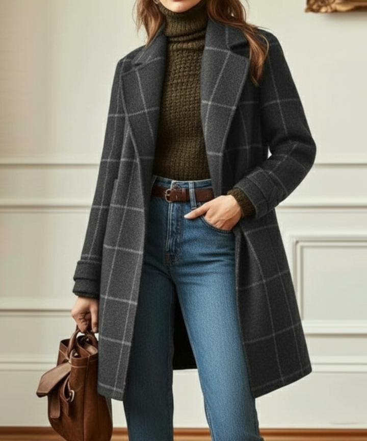 Eleanor checked lapel collar coat in grey, front view