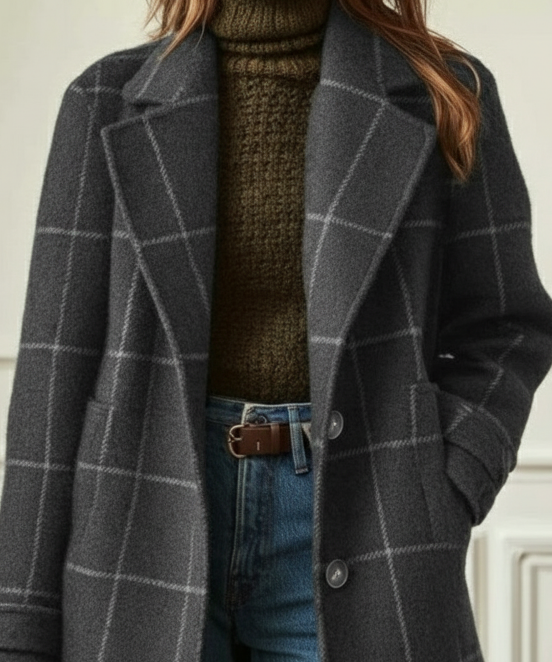 Close-up of Eleanor coat's lapel collar and button front, grey check