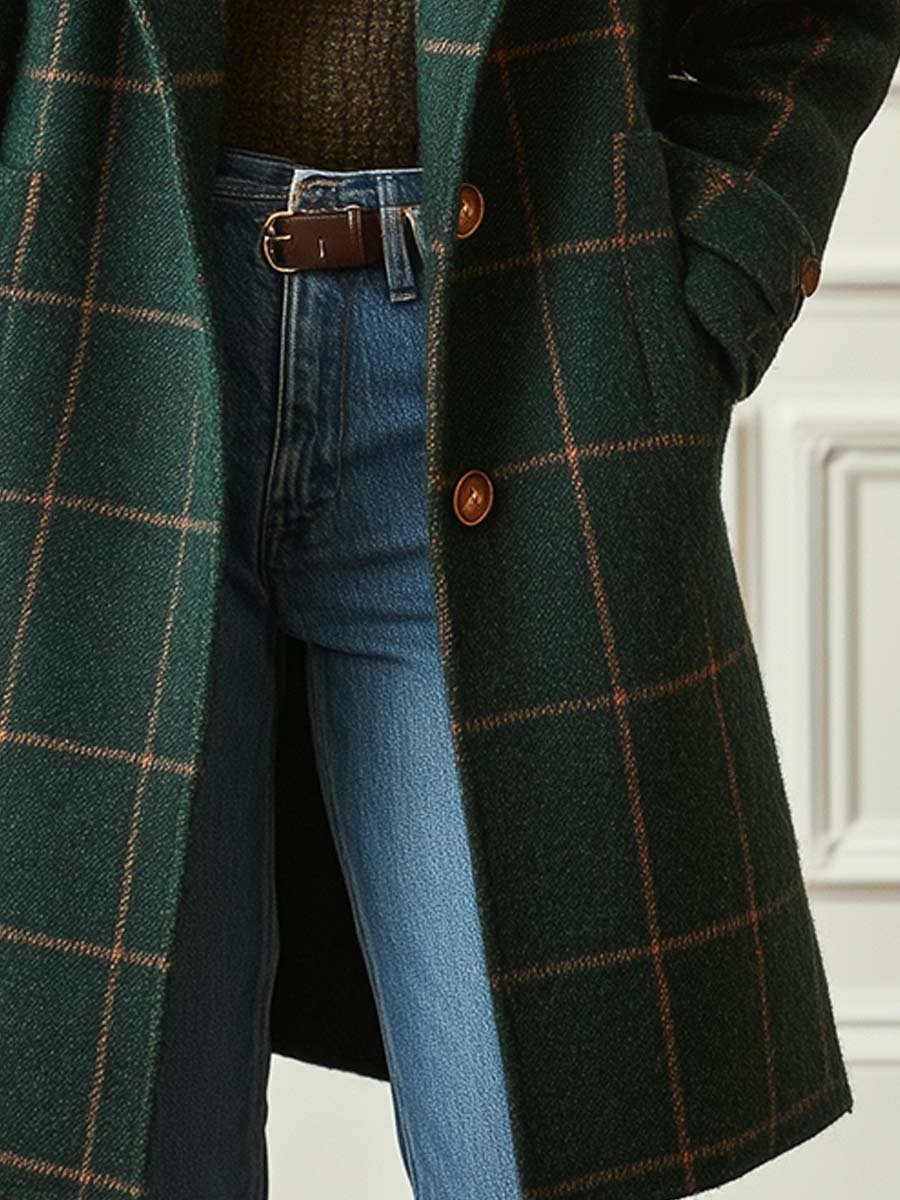 Close-up of Eleanor coat's check pattern and button, green