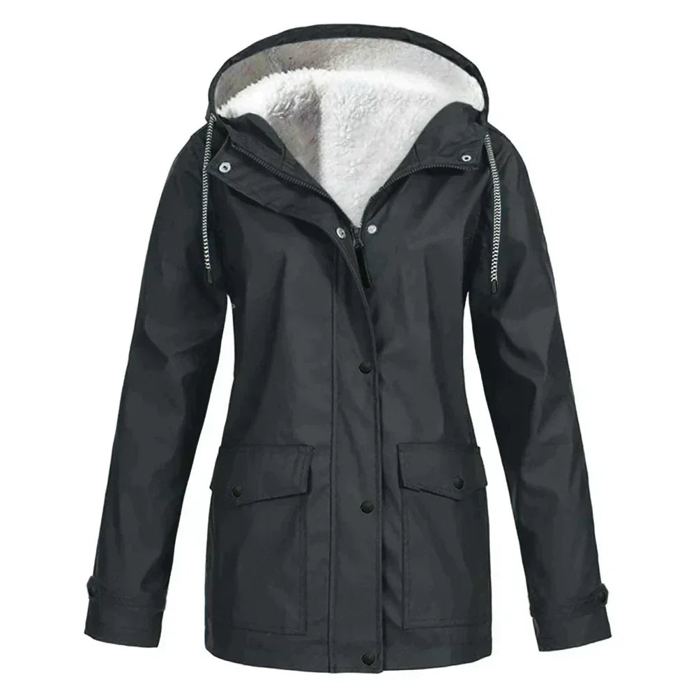 Eleanor hooded rain jacket in black with fleece lining, front view