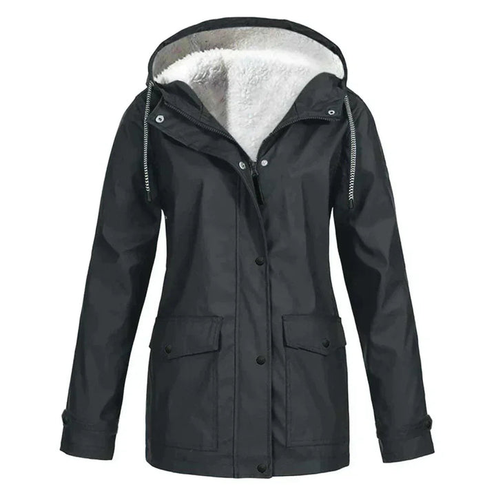 Eleanor hooded rain jacket in black with fleece lining, front view