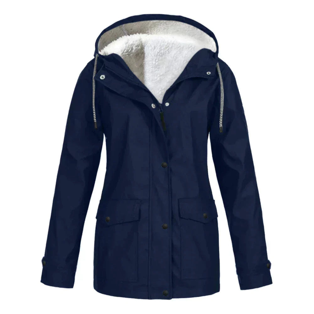 Eleanor hooded rain jacket in navy blue with fleece lining, front view