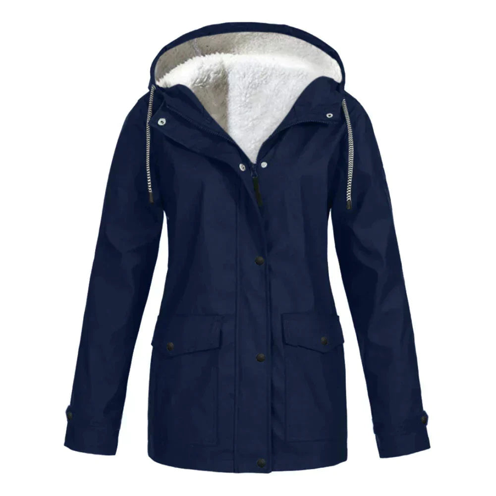 Eleanor hooded rain jacket in navy blue with fleece lining, front view