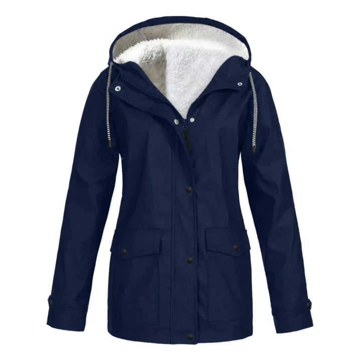 Eleanor hooded rain jacket in navy blue with fleece lining, front view