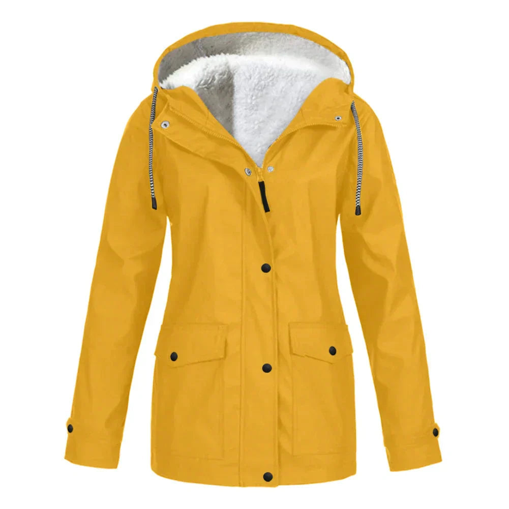 Eleanor hooded rain jacket in yellow with fleece lining, front view