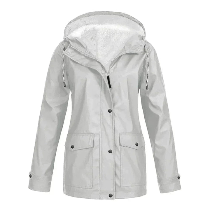 Eleanor hooded rain jacket in white with fleece lining, front view