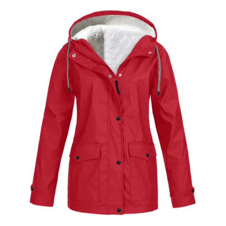 Eleanor hooded rain jacket in red with fleece lining, front view