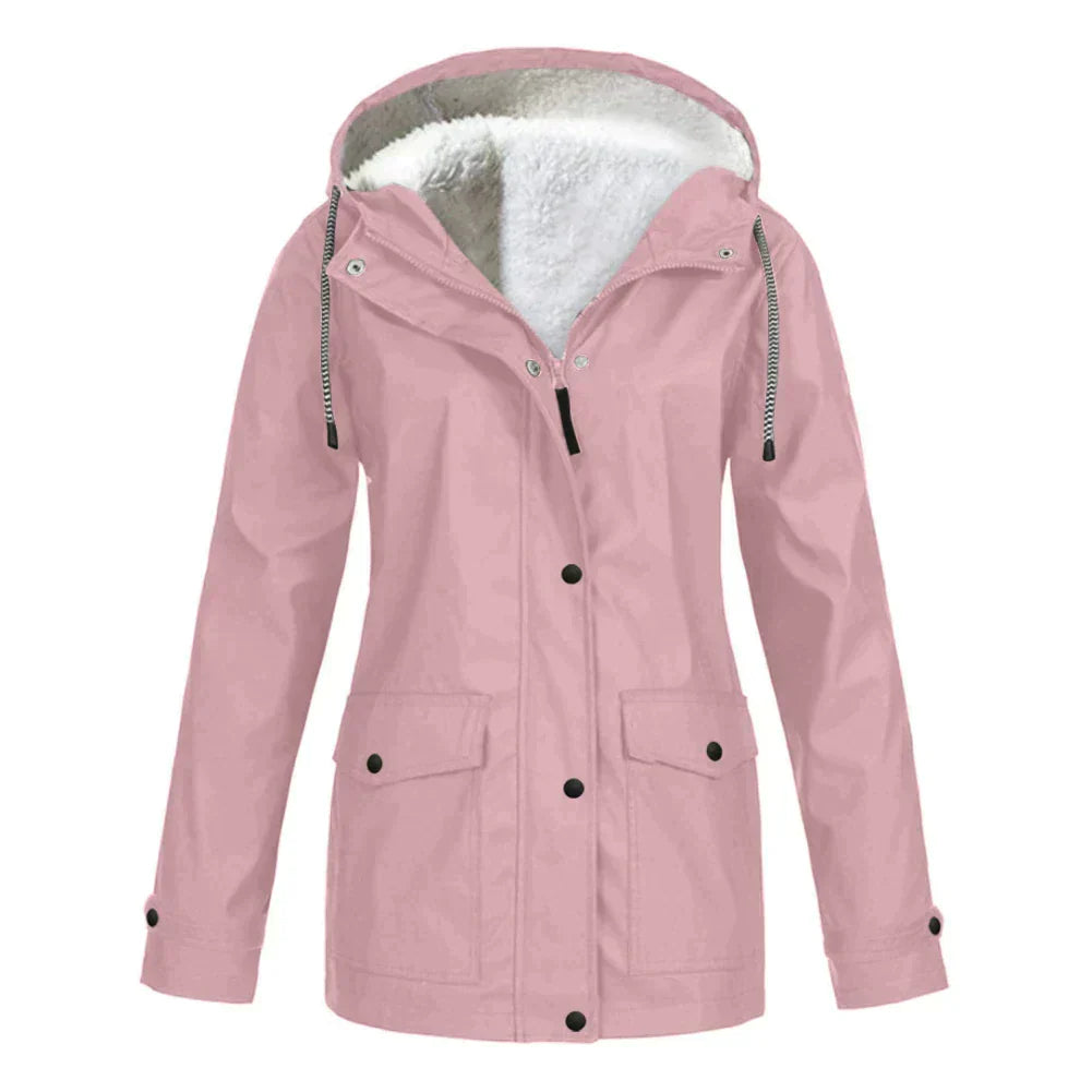 Eleanor hooded rain jacket in pink with fleece lining, front view