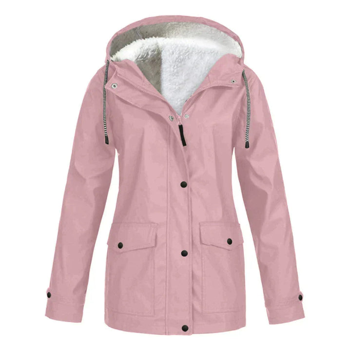 Eleanor hooded rain jacket in pink with fleece lining, front view