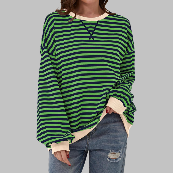 Eleanora striped long sleeve sweatshirt in green and navy, front view