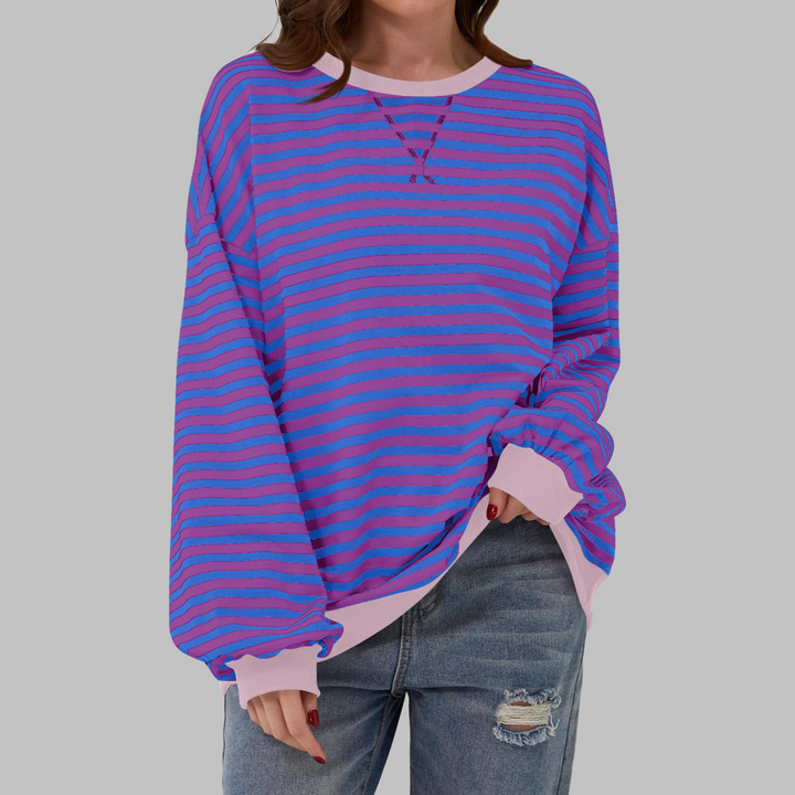 Eleanora striped long sleeve sweatshirt in purple and blue with pink trim, front view