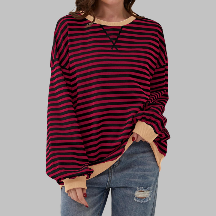 Eleanora striped long sleeve sweatshirt in burgundy and black with beige trim, front view