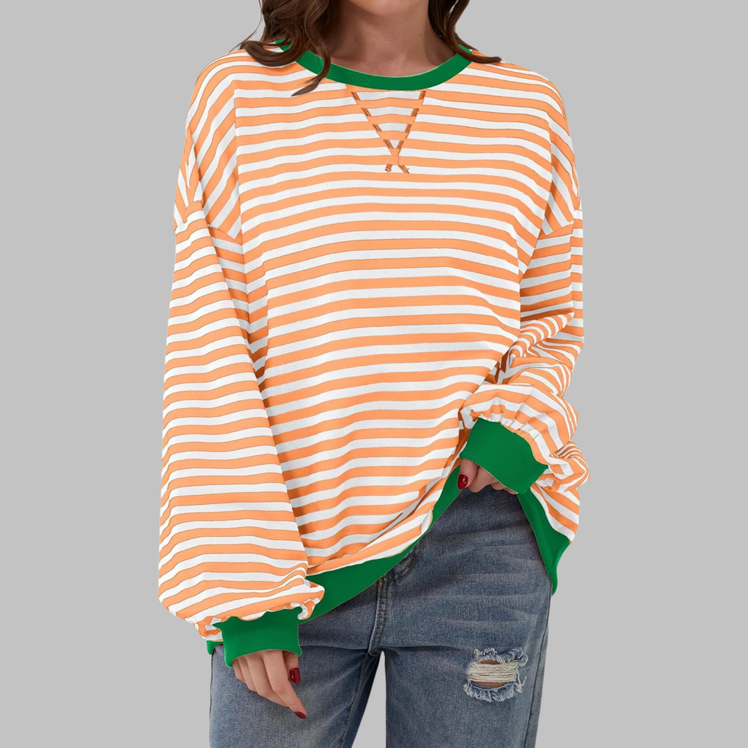 Eleanora striped long sleeve sweatshirt in orange and white with green trim, front view