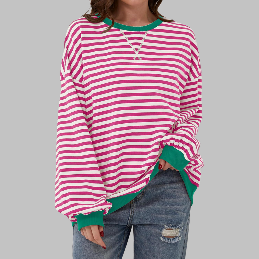 Eleanora striped long sleeve sweatshirt in pink and white with green trim, front view