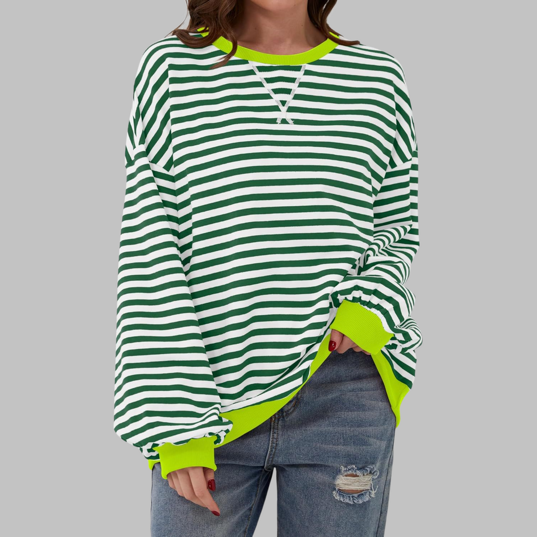 Eleanora striped long sleeve sweatshirt in green and white with neon trim, front view