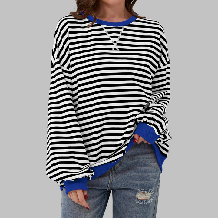 Eleanora striped long sleeve sweatshirt in black and white with blue trim, front view