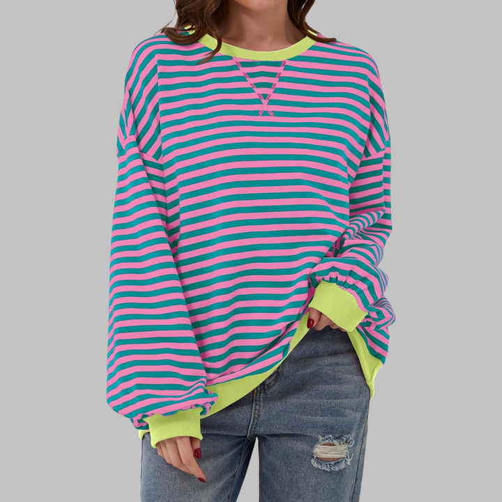 Eleanora striped long sleeve sweatshirt in pink and teal with neon trim, front view