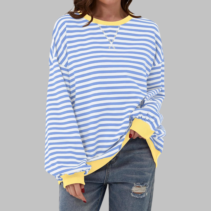 Eleanora striped long sleeve sweatshirt in blue and white with yellow trim, front view