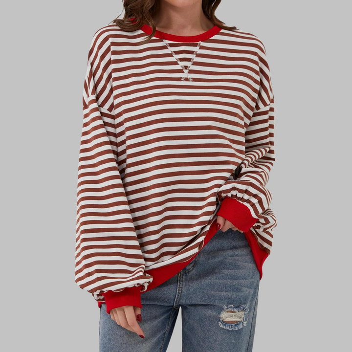 Eleanora striped long sleeve sweatshirt in brown and white with red trim, front view