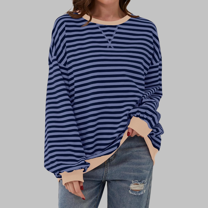 Eleanora striped long sleeve sweatshirt in navy and blue with beige trim, front view
