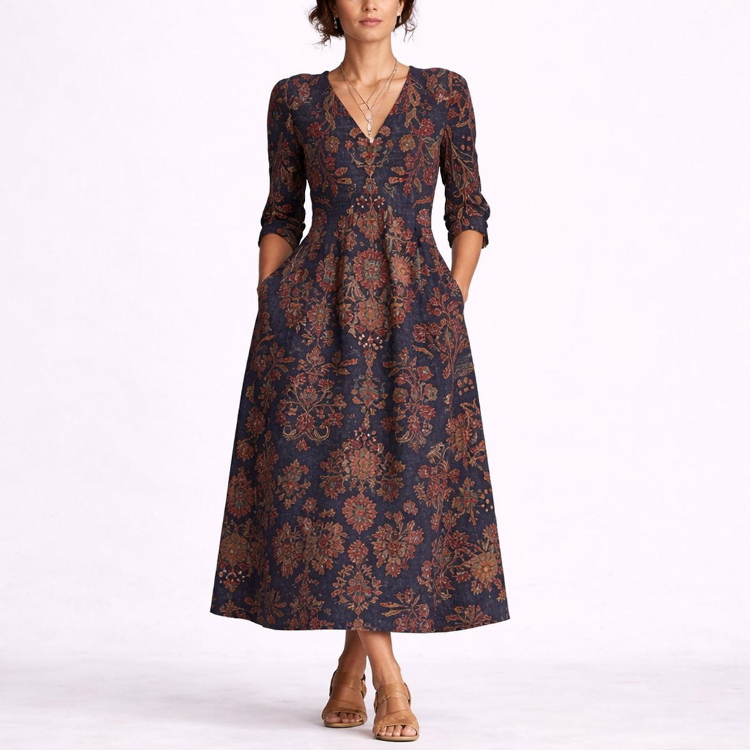 Elisabeth floral V-neck maxi dress, front view with side pockets